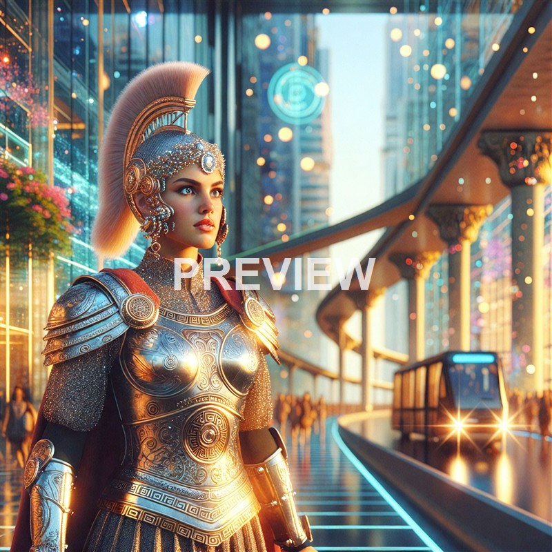 A woman dressed in elaborate, futuristic armor with a helmet and plume, standing on a modern city street illuminated by colorful lights and a tram in the background.